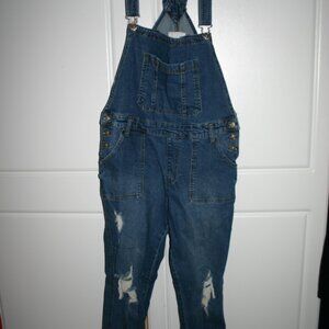 Distressed denim overalls